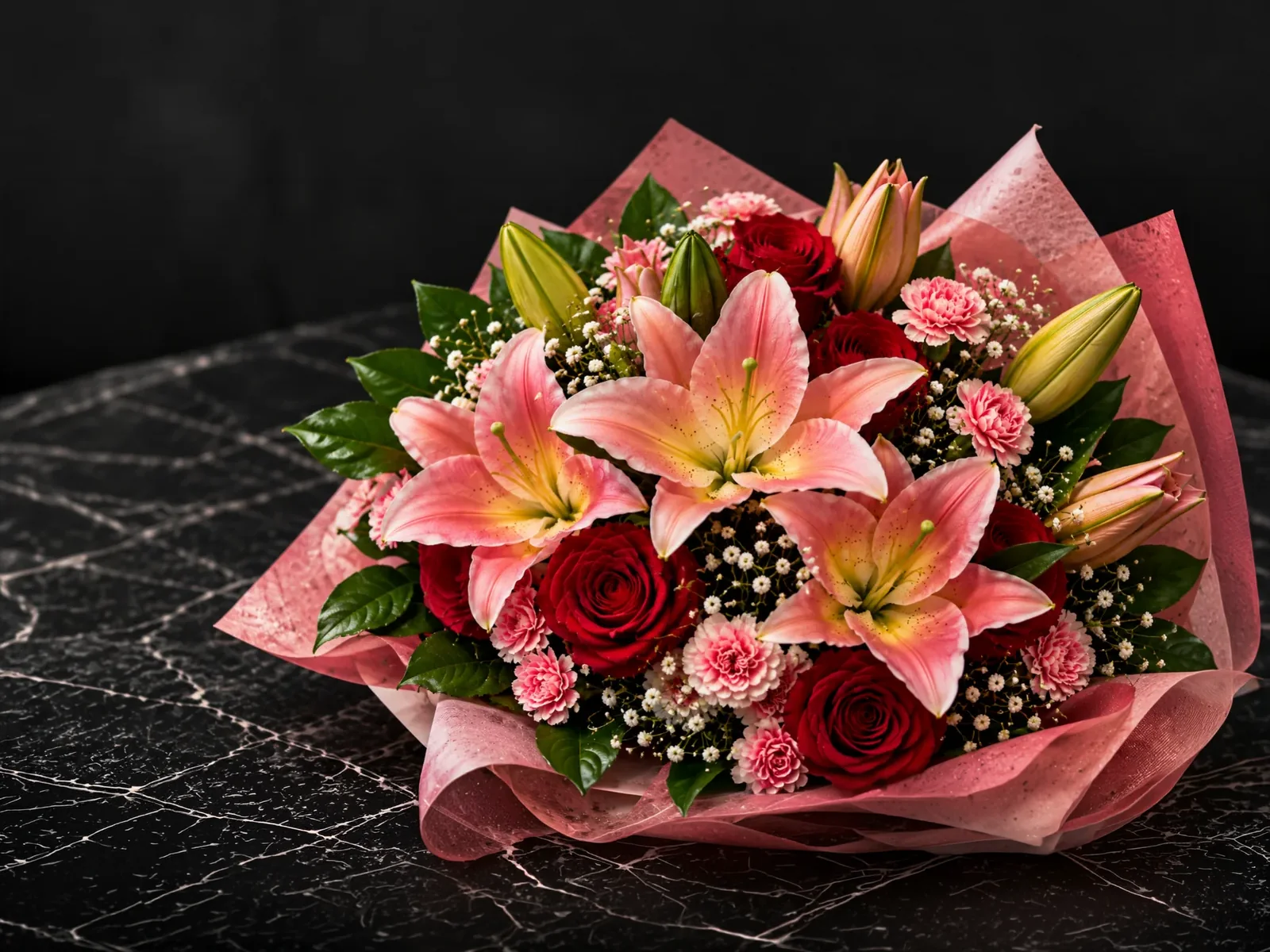 ユリとバラをあしらったピンクの花束