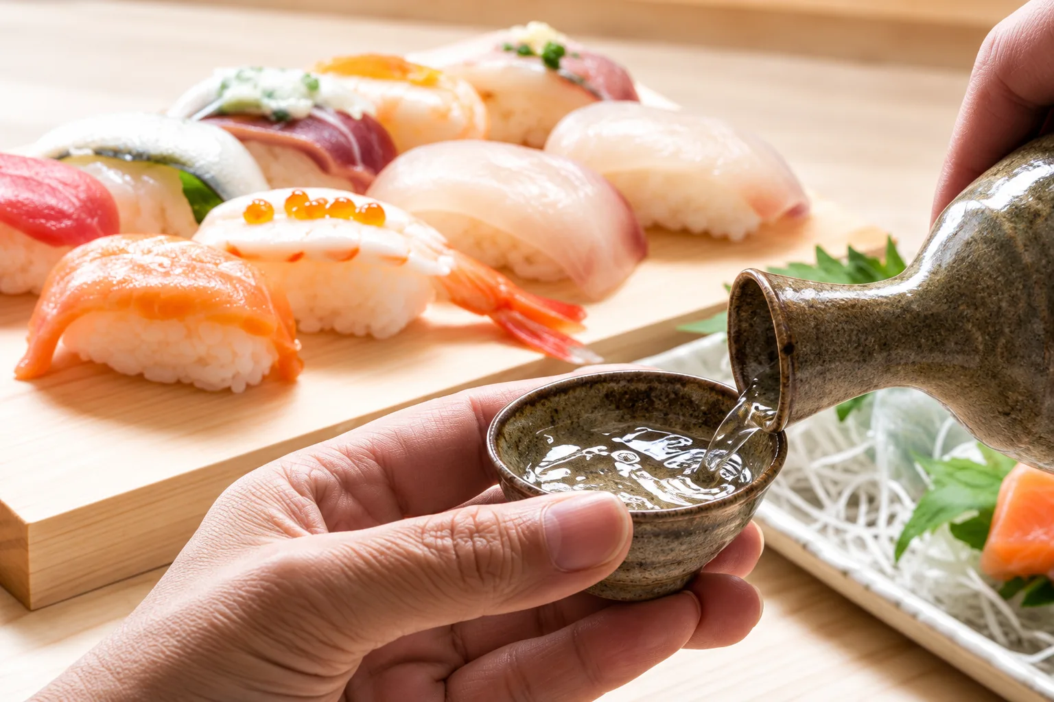 盛り付けられた握り寿司と日本酒